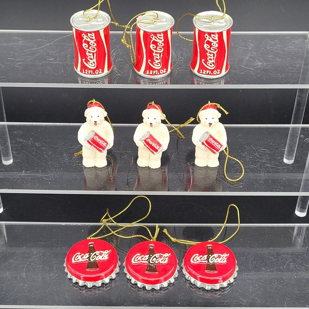 Lot of 9 Vintage 2004 Coca-Cola Ornaments Polar Bears Bottle Caps Soda Cans